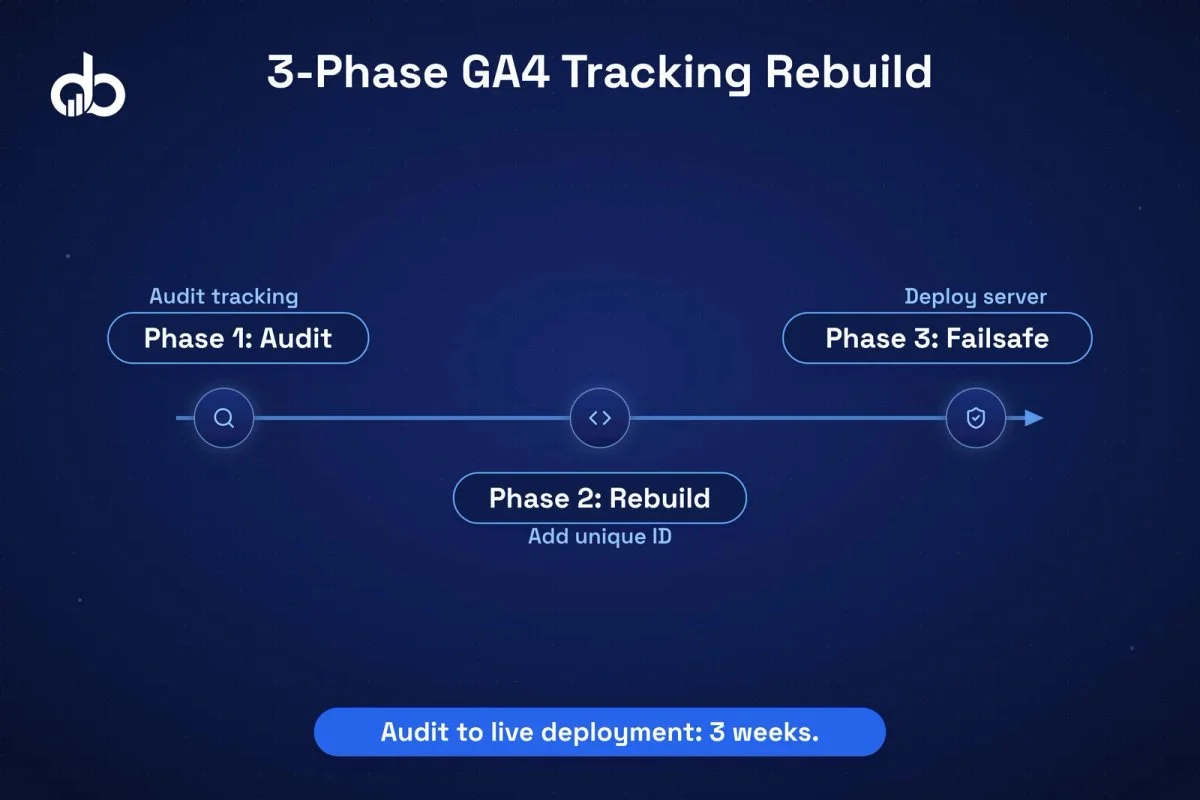 Three-phase GA4 conversion tracking rebuild process showing audit, rebuild, and server-side setup.