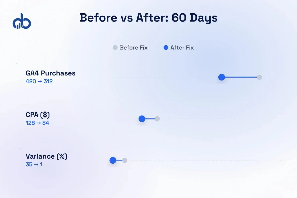Before and after comparison showing 34% CPA reduction after fixing GA4 ecommerce conversion tracking.