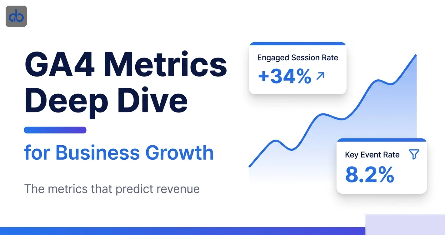 GA4 metrics deep dive dashboard showing engaged session conversion rate and predictive metrics analytics