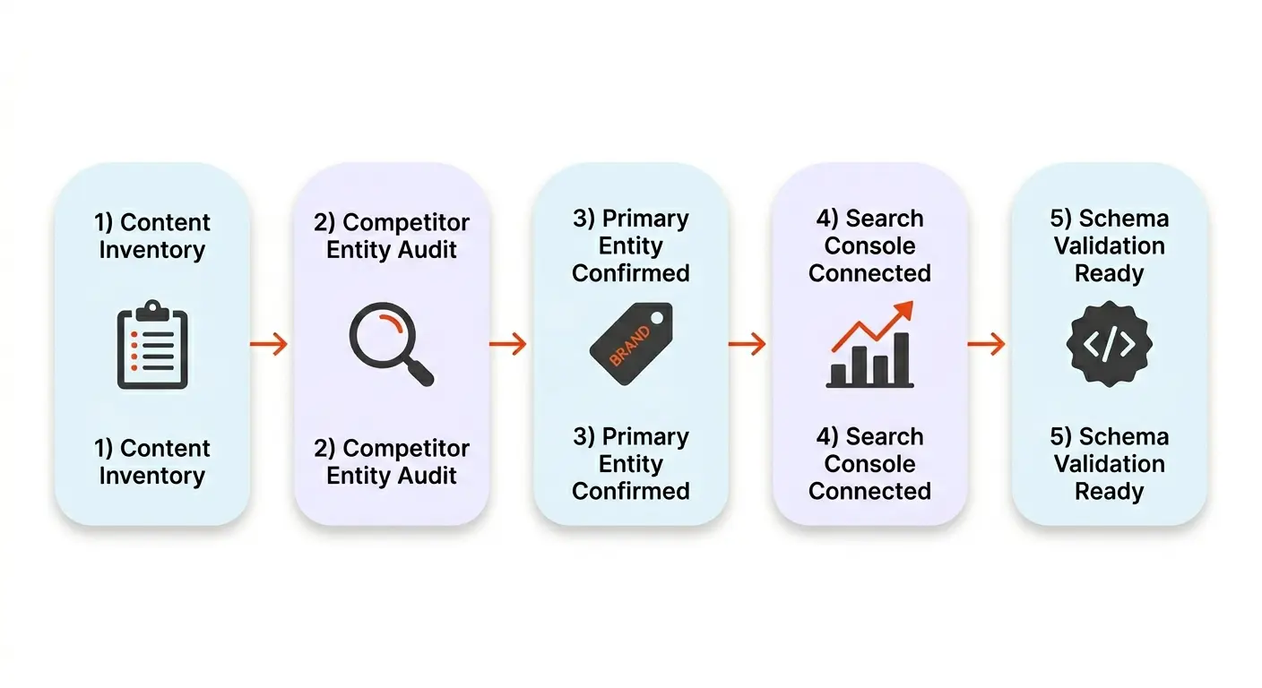 Entity SEO readiness checklist showing five prerequisites for building topical authority and Knowledge Graph recognition
