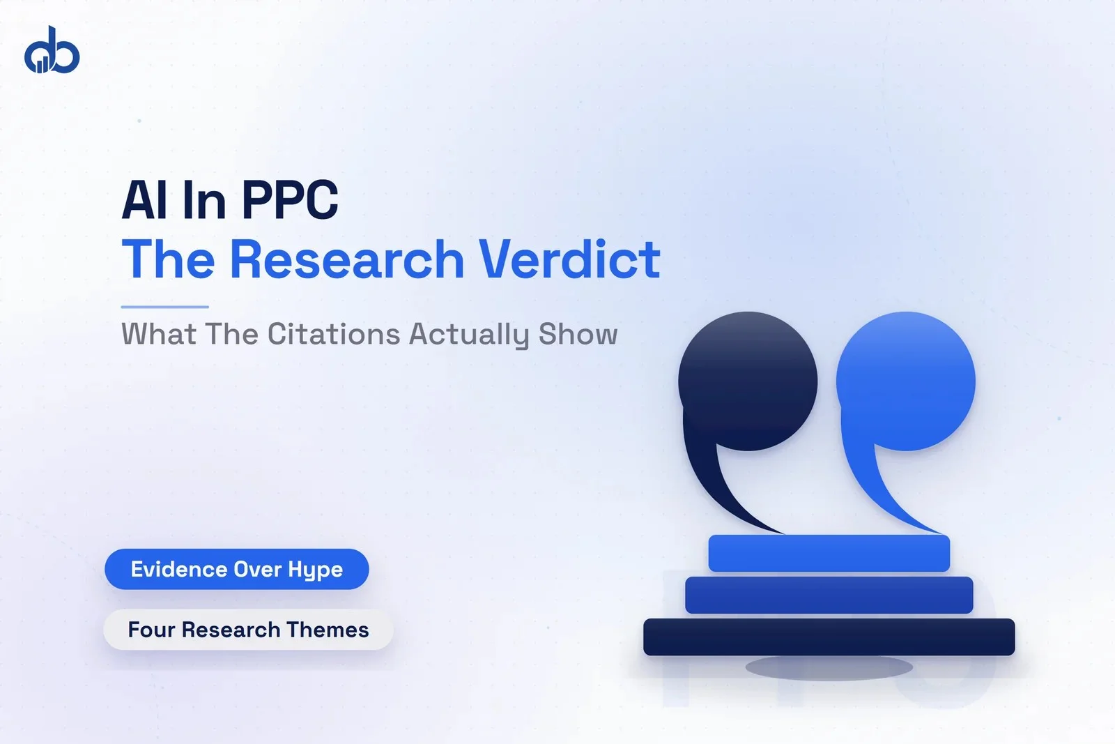 Research analysis of AI impact on PPC advertising showing citation markers, data charts, and performance metrics on a near-white background.