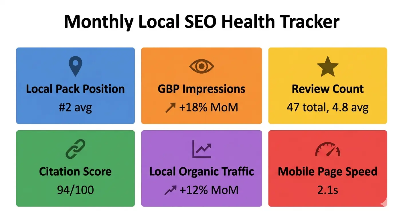 Monthly local SEO tracking dashboard showing six key metrics across Local Pack position, GBP performance, reviews, citations, organic traffic and page speed
