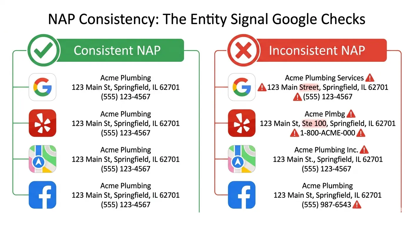 Side-by-side comparison showing consistent NAP data across Google Business Profile versus fragmented NAP data across directories