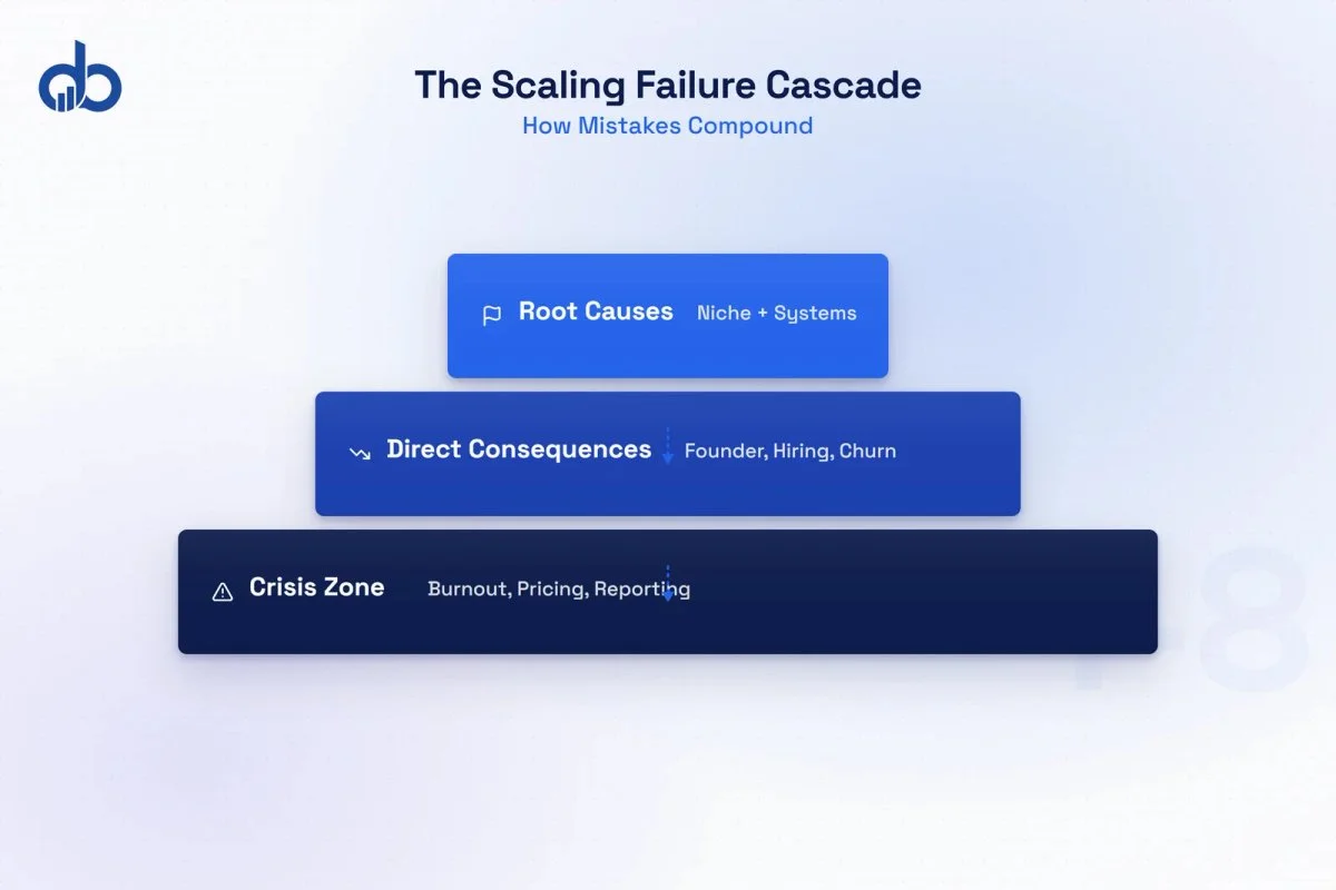 Cascade flow showing how agency scaling mistakes compound into a revenue crisis.